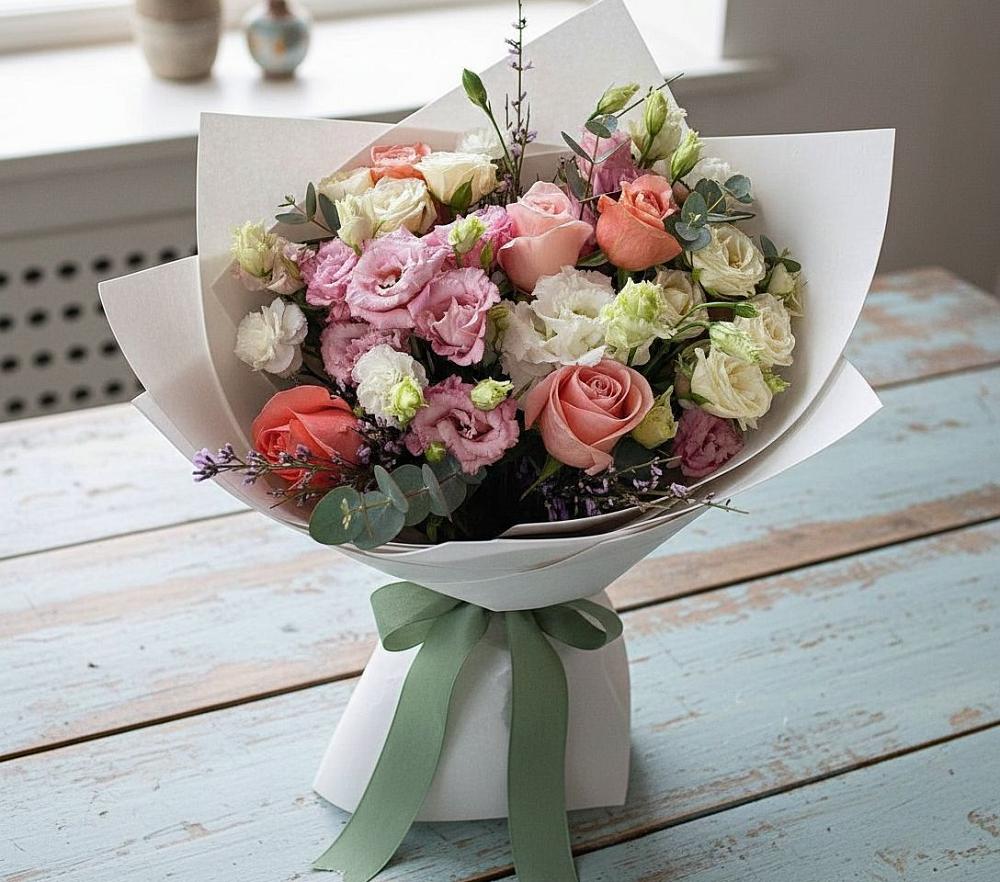 Букет цветов из: Розы, Лизиантусы и Гвоздики в Верхней Салде