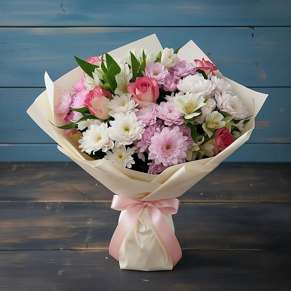 Букет цветов из: Хризантемы, Альстромерии и Розы в Верхней Салде